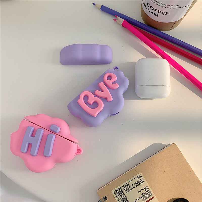 Set of silicone cloud AirPods cases: pink “Hi” and purple “Bye” plus cover pieces