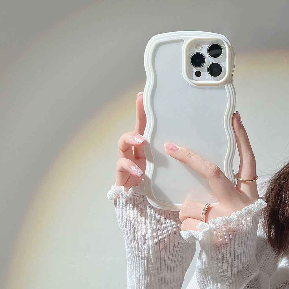 White silicone iPhone case with wavy candy border and raised camera cutouts