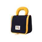 Navy hanging makeup bag with yellow handle and zip closure