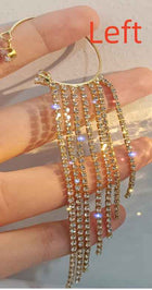 Gold long tassel earrings with sparkling rhinestone fringe and hoop ear hook, Left