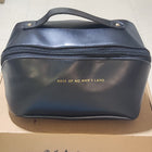 Black large travel cosmetic bag with top handle and front zipper pocket