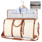 Foldable beige duffle bag with zip top, brown trim, and two front side pockets