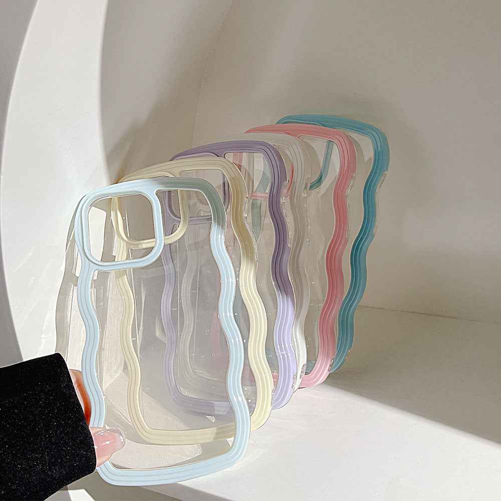 Stack of transparent silicone iPhone cases with pastel wavy border trim in multiple colors
