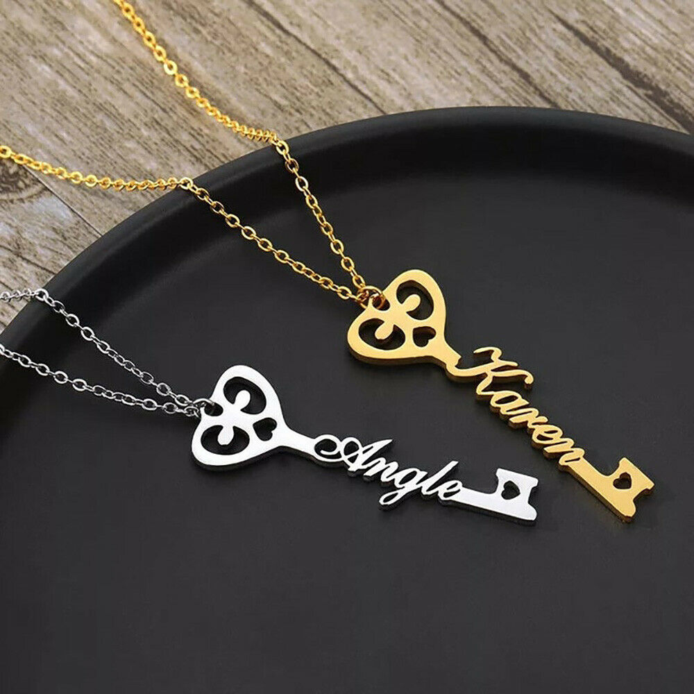 Gold and silver couples key necklaces with heart key pendants and engraved name