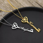 Gold and silver couples key necklaces with heart key pendants and engraved name