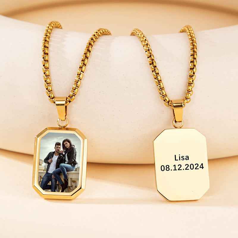 Gold-tone mood necklace with photo octagon pendant and light nameplate reading Lisa 08.12.2024