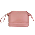 Rose pink double-layer travel cosmetic bag with side draw straps and top zipper