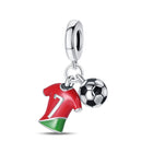 Red and green soccer jersey charm with #7 and soccer ball pendant, silver-tone