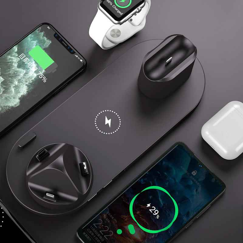 6-in-1 wireless charging station, dark base with charging pads for phone, watch, and earbuds