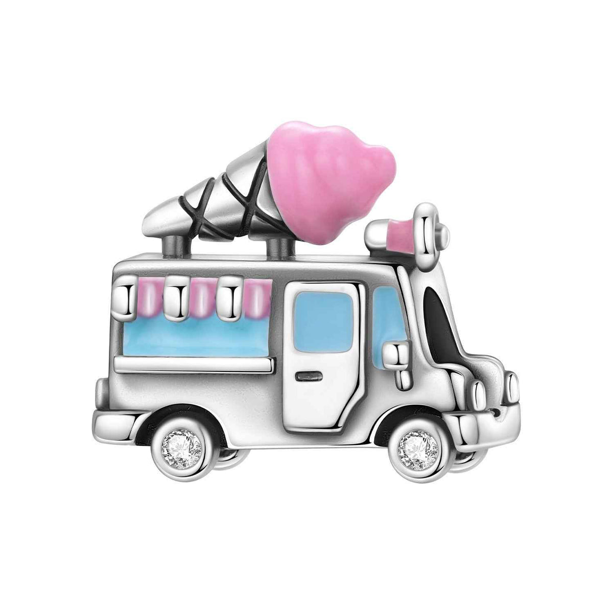 Ice cream truck charm with a pink cone topper and white window accents