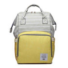 Light gray diaper backpack with yellow front panel and zippered insulated pocket