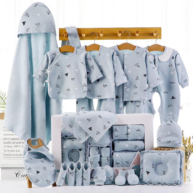 Light blue newborn cotton clothing set with hooded robe, shirts, pants, bibs, and socks