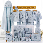 Light blue newborn cotton clothing set with hooded robe, shirts, pants, bibs, and socks