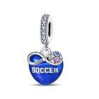 Blue soccer heart charm bead with 'SOCCER' lettering and rhinestone accents