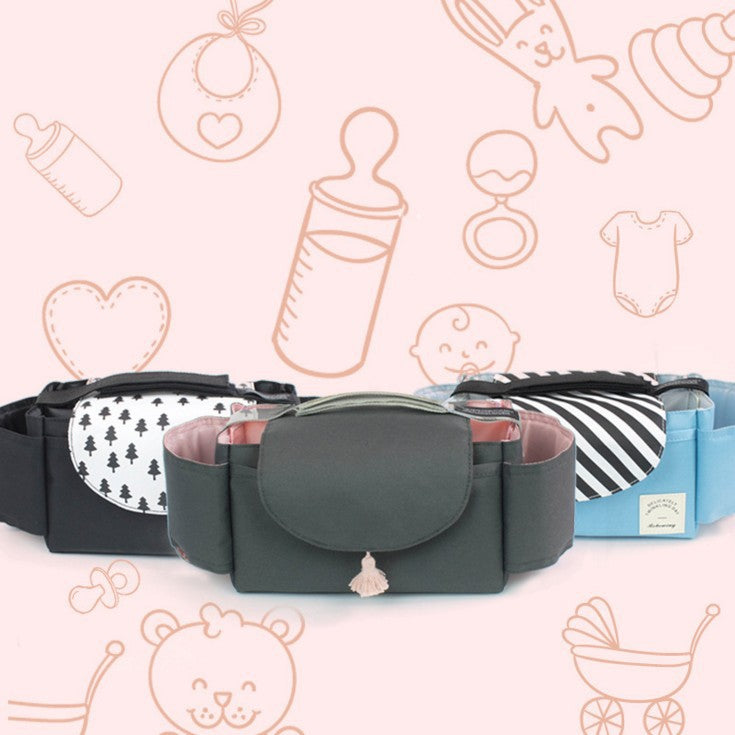 Set of stroller nappy organizers in black, grey and green with hanging pockets