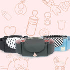Set of stroller nappy organizers in black, grey and green with hanging pockets