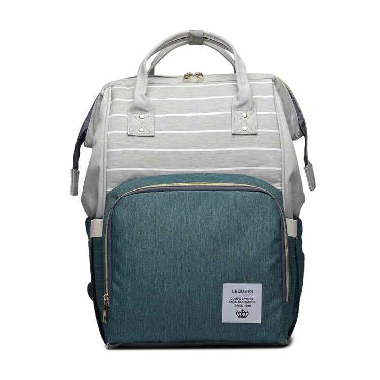 Maternity diaper bag, teal front panel with gray top handles and front zipper pocket