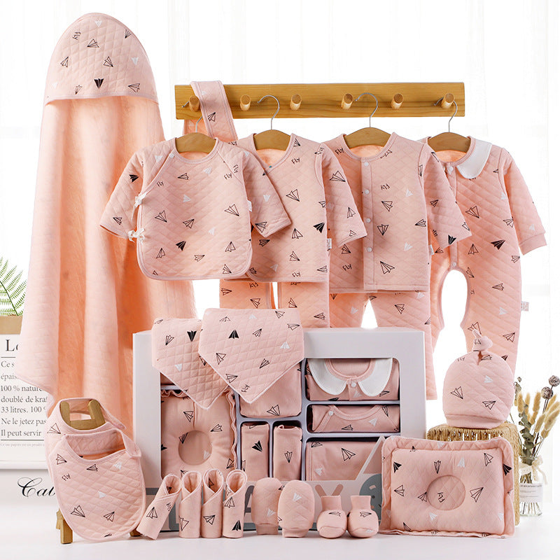 Pink newborn cotton clothing set with long-sleeve tops, pants, bibs, socks, and blanket