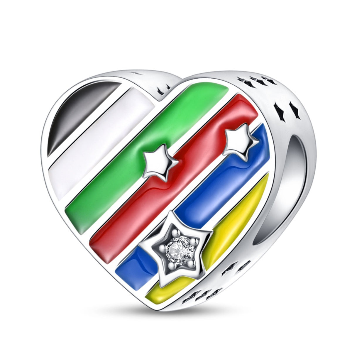 Multicolor striped heart charm bead with star details, silver-tone