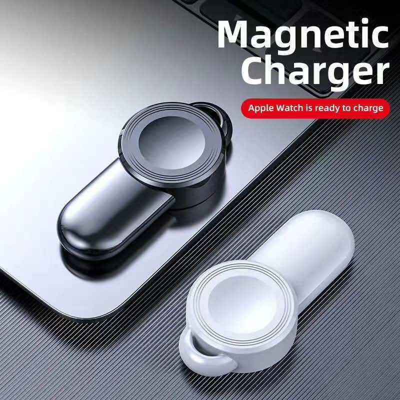 Wireless watch charger dock with magnetic ring, black base and white charging plate