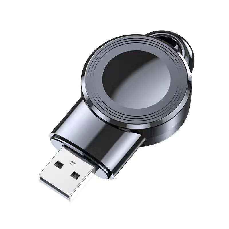 Black wireless watch charger dock with USB-A plug and magnetic circular charging plate