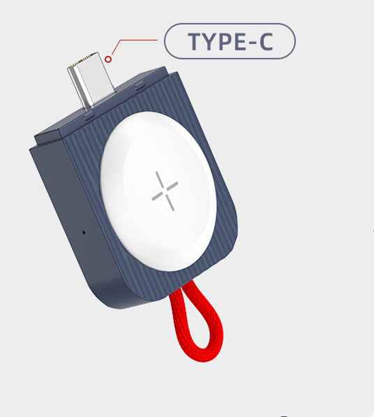 Dark wireless watch charger with magnetic plate, Type-C connector and red lanyard cord