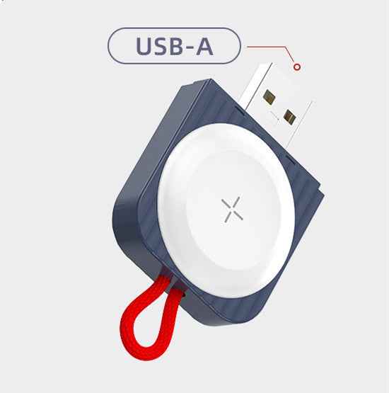 Dark wireless watch charger with magnetic plate, USB-A plug and red lanyard cord