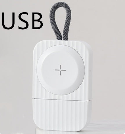 White wireless watch charger with braided cable and magnetic circular charging plate