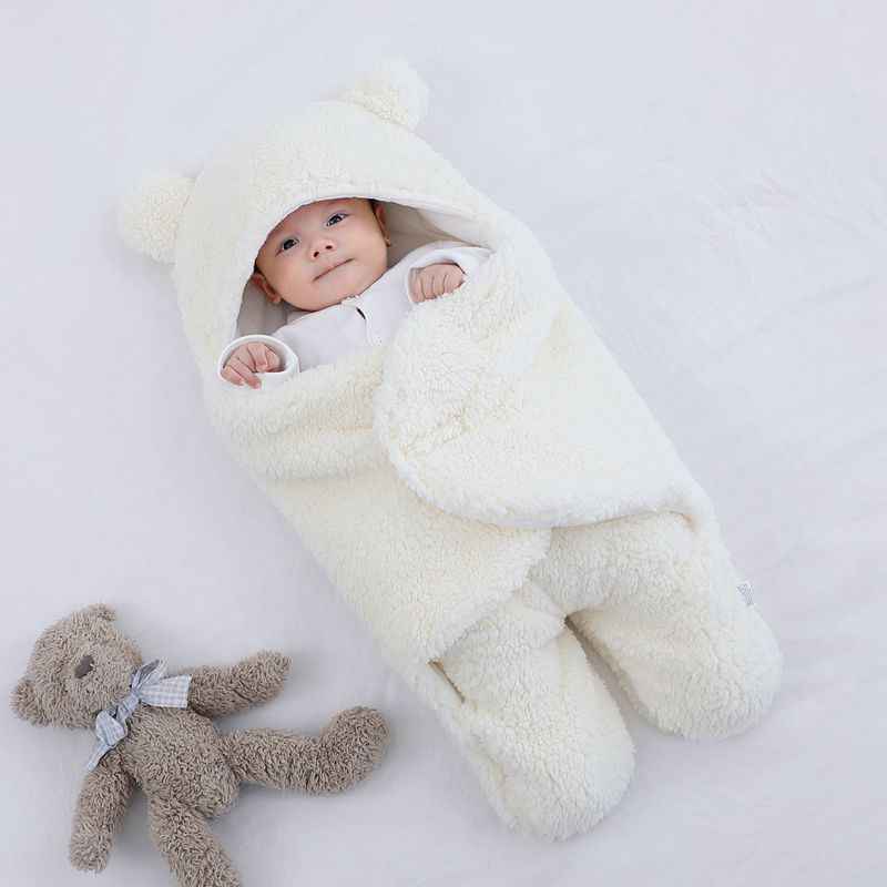 Cream quilted baby sleeping bag with hood and footed pants, teddy-bear ears