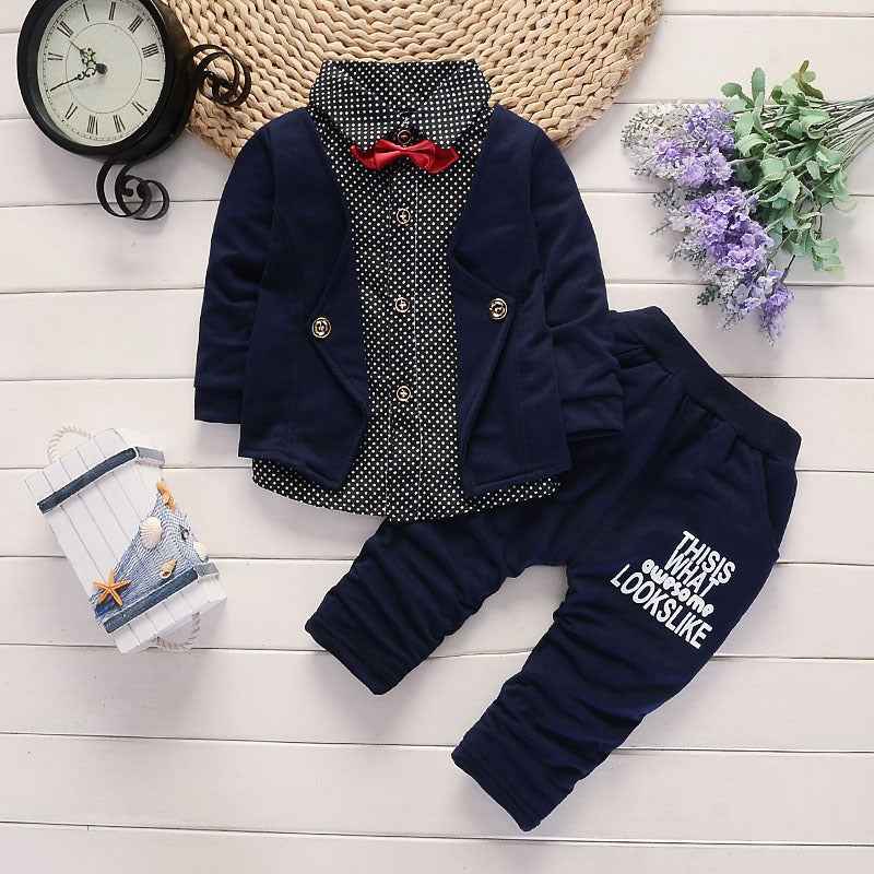 Toddler boys navy printed 2-piece suit with polka-dot vest and bow tie