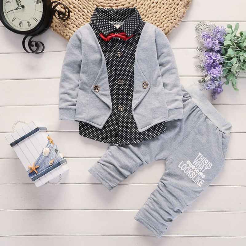 Toddler boys grey printed 2-piece suit with polka-dot vest and bow tie