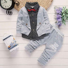 Toddler boys grey printed 2-piece suit with polka-dot vest and bow tie