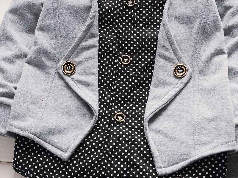 Toddler boys grey blazer with polka-dot vest and gold-button detail