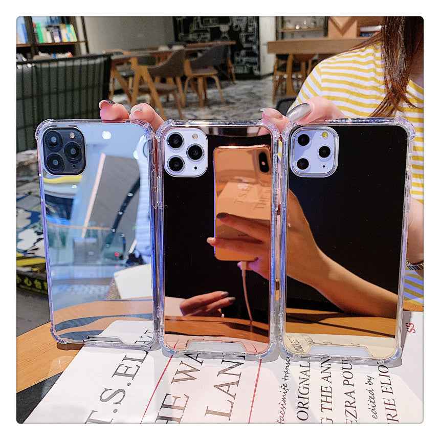 Transparent mirror iPhone case set with touch-up feature, three phones shown