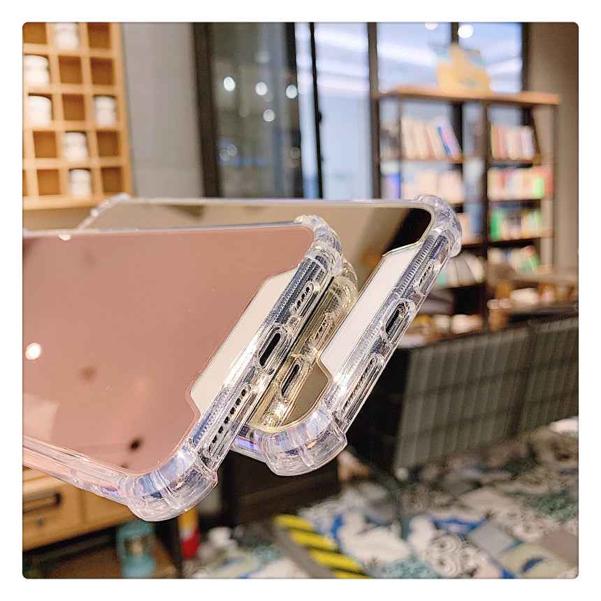 Transparent mirror iPhone case with touch-up feature, side profile with raised edges