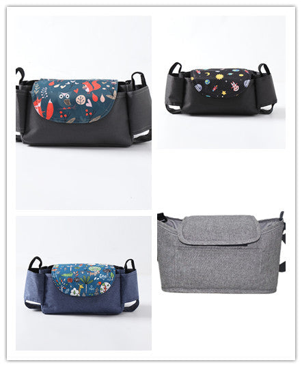 Stroller nappy organizer set with four designs: black, blue, floral and grey