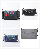 Stroller nappy organizer set with four designs: black, blue, floral and grey
