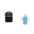 Black baby travel bed backpack with front zip pocket, beige-lined panel, side straps