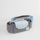 Grey stroller nappy organizer with light-blue striped pouch and side pockets