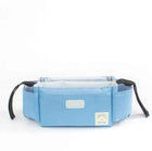 Light-blue hanging stroller nappy organizer with front label pocket and side holders