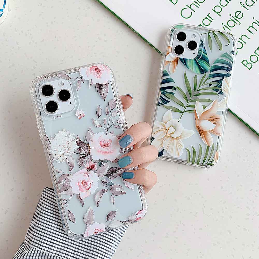 Floral iPhone phone case with pink roses and soft botanical leaves, clear protective sides