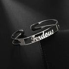 Silver stainless steel open cuff bracelet with engraved cursive name plate