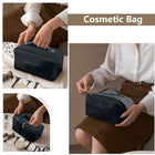 Small cosmetic bag in dark color with zip top, shown in several carrying angles