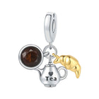 Tea pot and citrus charm bead pendant set with brown gemstone and gold clover shape