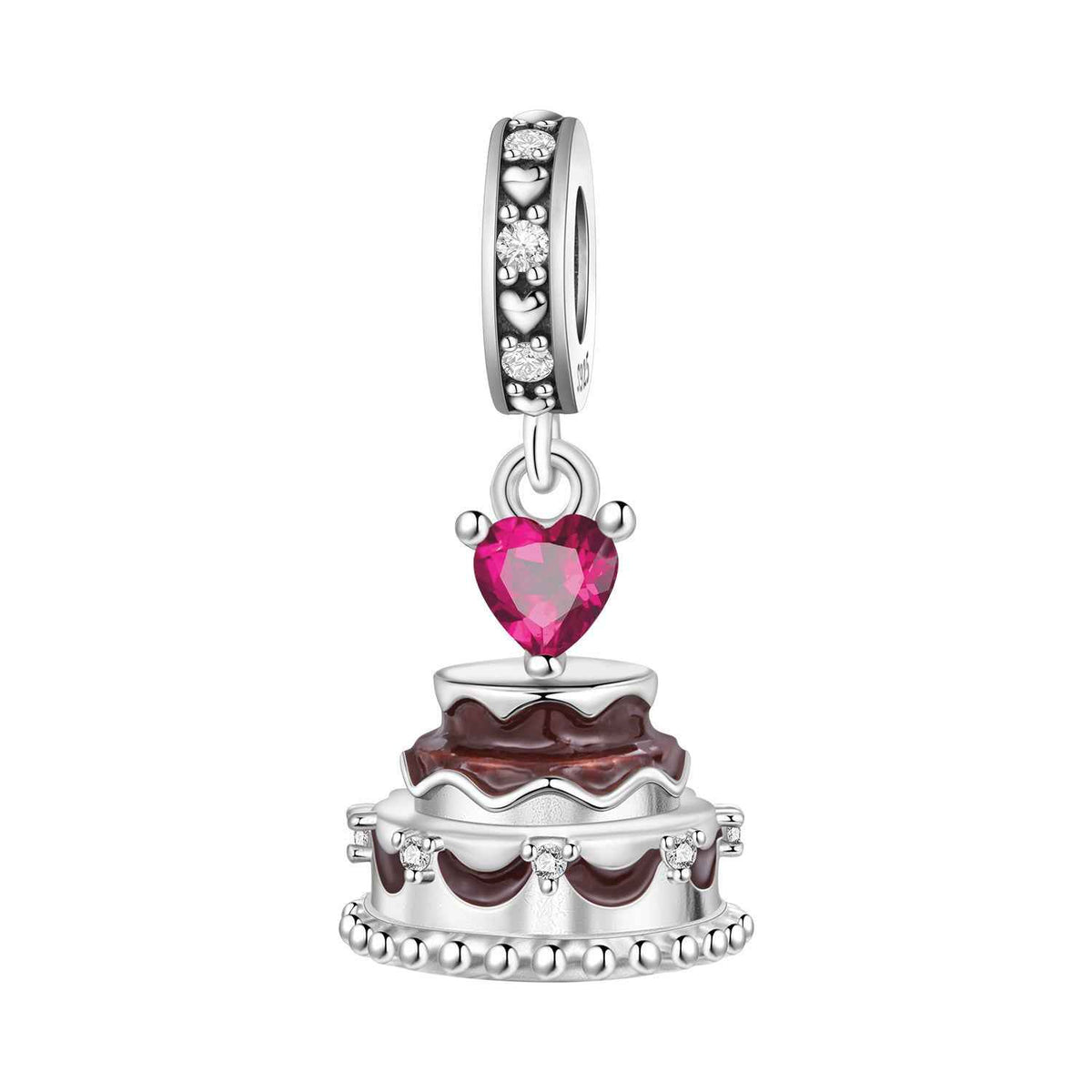 Cake dessert charm with a pink heart gemstone and sparkling crystal details