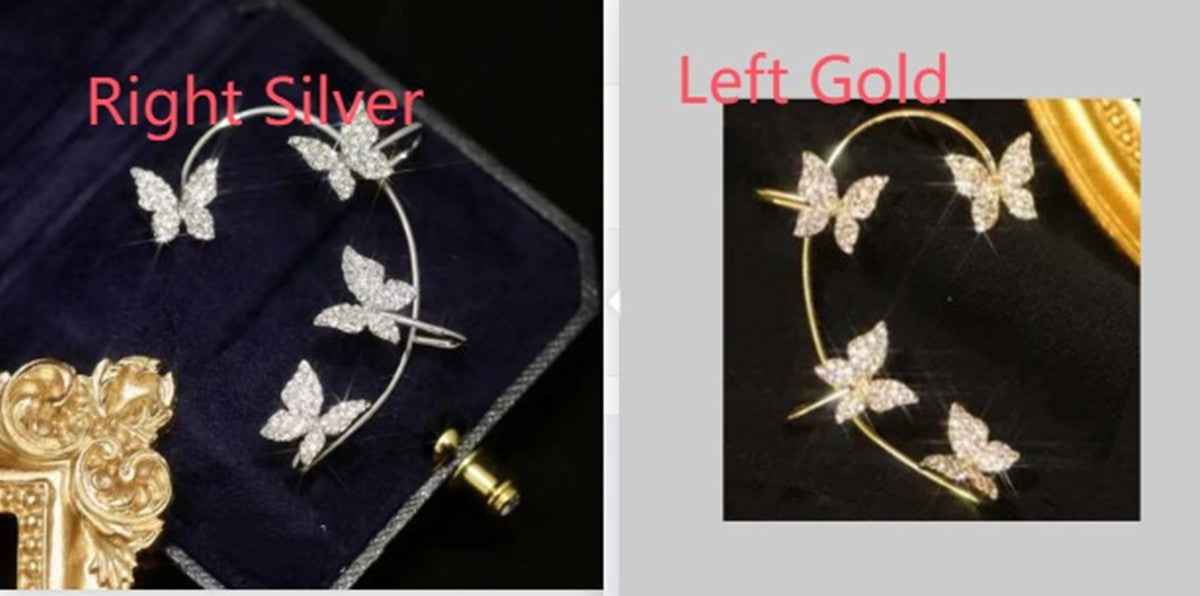 Split view of silver and gold butterfly earrings with hoop frames