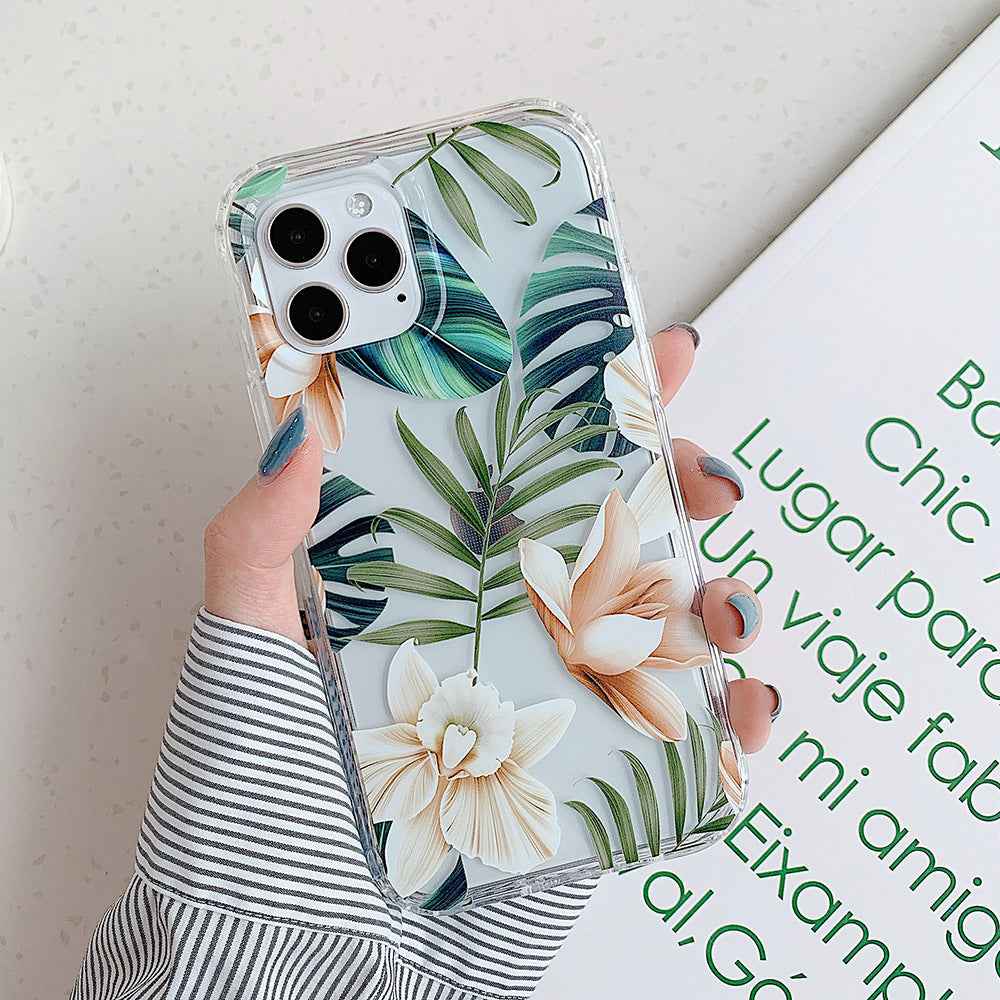 Tropical leaf iPhone phone case with green foliage and orange flowers, clear protective case