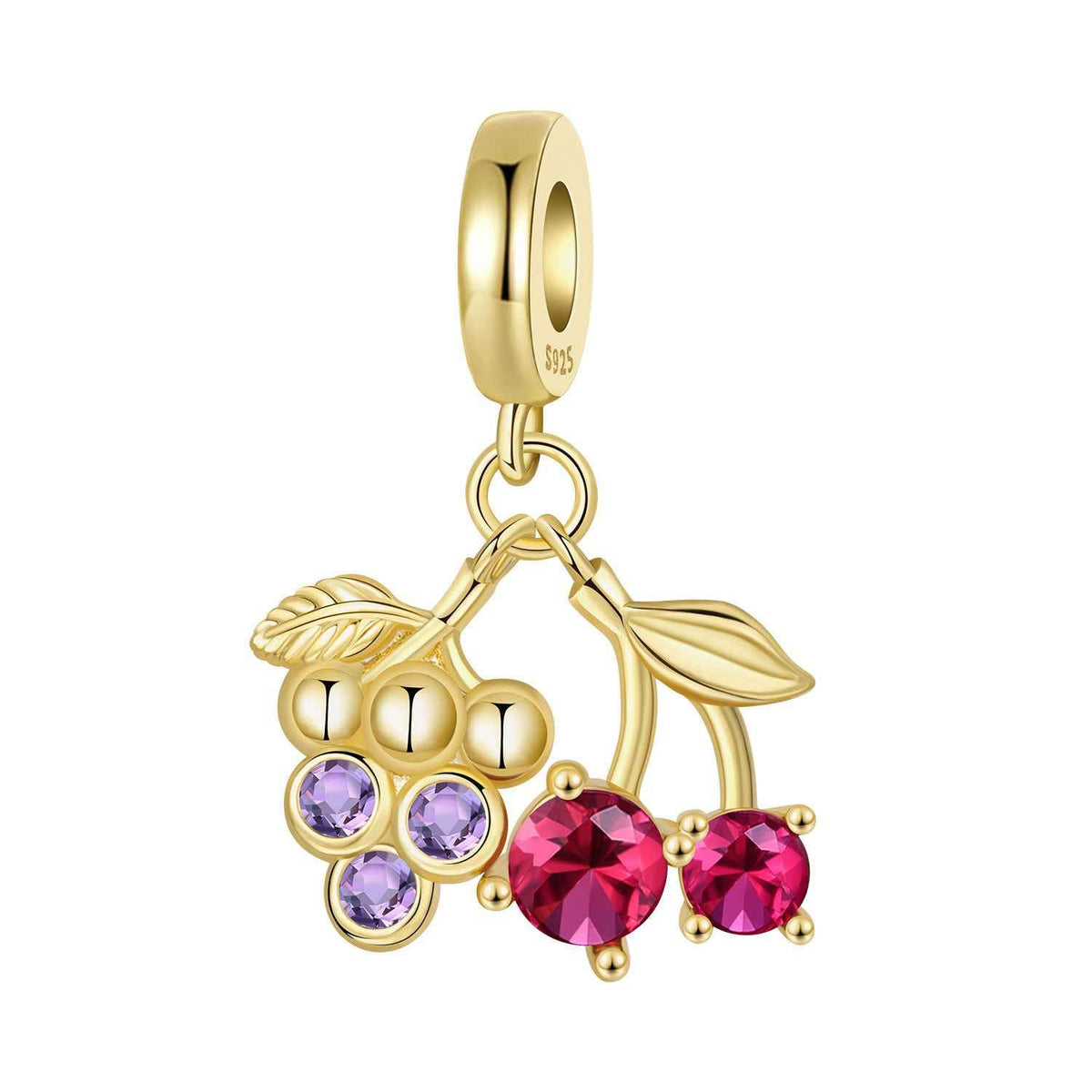 Gold dessert charm bead with grape cluster and purple crystal drops, hoop with leaves.