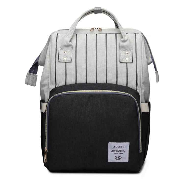 Gray and black maternity diaper bag with striped top and front zip pocket