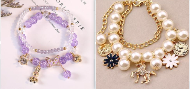 Bracelet duo: lavender crystal beaded bracelet with charm dangles, and pearl gold-tone horse bracelet